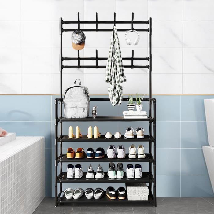 Coat Rack - FLASIDU - Black Model - 8 Hooks - 5 Shoe Shelves - 80x26x172cm