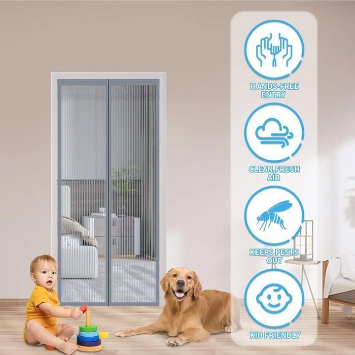 Mosquitera magnética para puertas y ventanas, 120 x 220 cm, reforzada, para balcones, sótanos y puertas de dormitorios, color gris, 52 imanes.