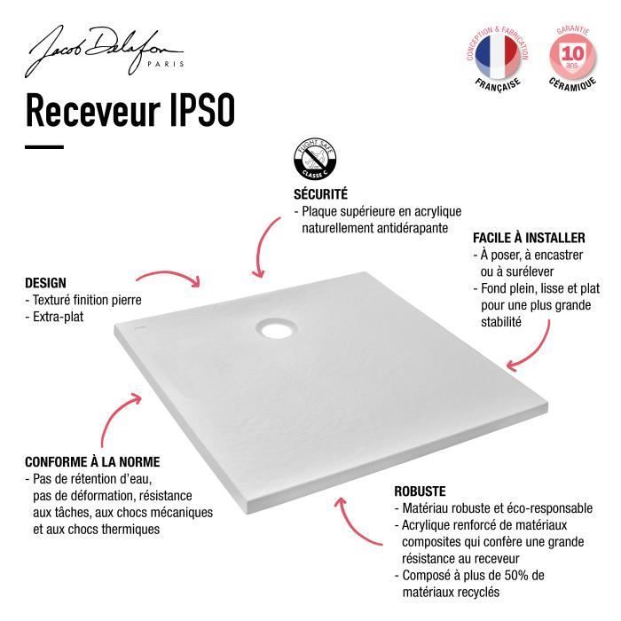 Plato de ducha extraplano JACOB DELAFON Ipso E62302-WPM 100x80x3,5 cm - 10 años de garantía, blanco, textura de piedra