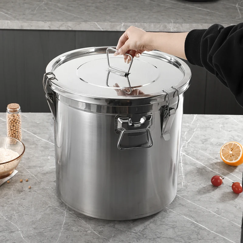 Bocal hermétique en acier inoxydable 20L/35L/50L, grand récipient avec couvercle et clip de fermeture robuste, utilisé pour le stockage des aliments en fût.