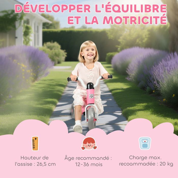 Loopfiets voor baby's - AIYAPLAY - 1-3 jaar - 3 stille wielen - voor binnen en buiten - metaal en kunststof - 69x40x49 cm, roze