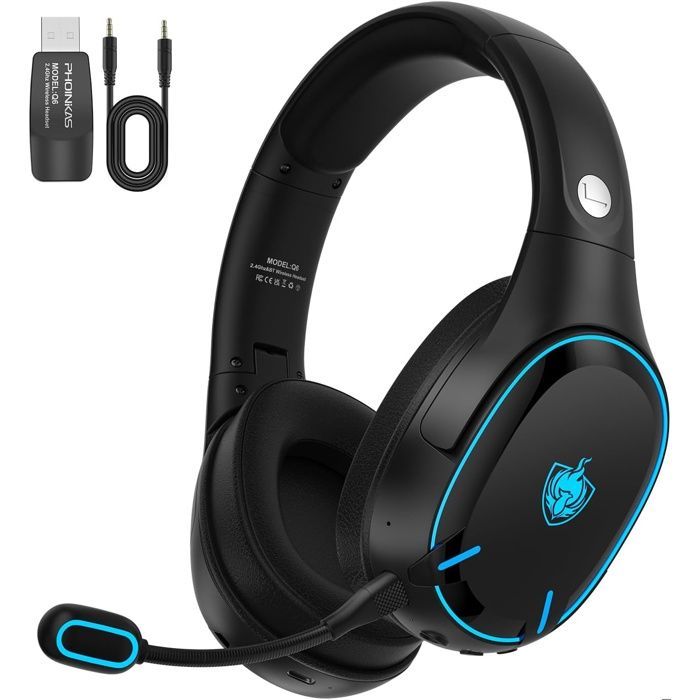 Casque sans fil Bluetooth 5.3 à double puce, microphone antibruit, lumière LED, pour PC/PS4/PS5/TV/Switch, noir