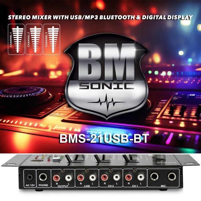Table de mixage Sono DJ BM SONIC BMS-21USB-BT 4 voies USB BLUETOOTH, 1 PHONO/LINE, 1 PHONO/USB, 1 CD, Casque, micro inclus