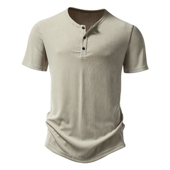 Men's Short Sleeve Henley T-Shirt, Regular Fit, Lightweight Summer Tee, Crew Neck with 3 Buttons, Solid Color - EU Size - Khaki