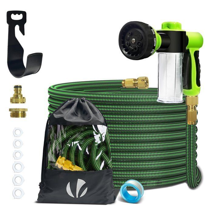 Manguera de jardín extensible reforzada VOUNOT® de 15 m, color verde, con depósito de jabón, 8 modos de funcionamiento, conector y bolsa de almacenamiento incluidos.