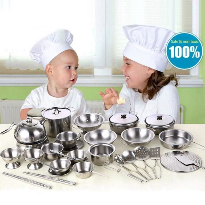 Set da cucina giocattolo per bambini da 25 pezzi, con utensili robusti in acciaio inossidabile.
