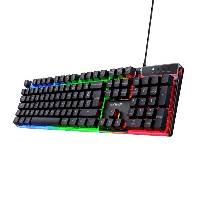 Teclado para juegos con cable Trust Gaming GXT 835 Azor, distribución AZERTY francesa, iluminación LED arcoíris, modo de juego, 8 teclas anti-ghosting - Negro