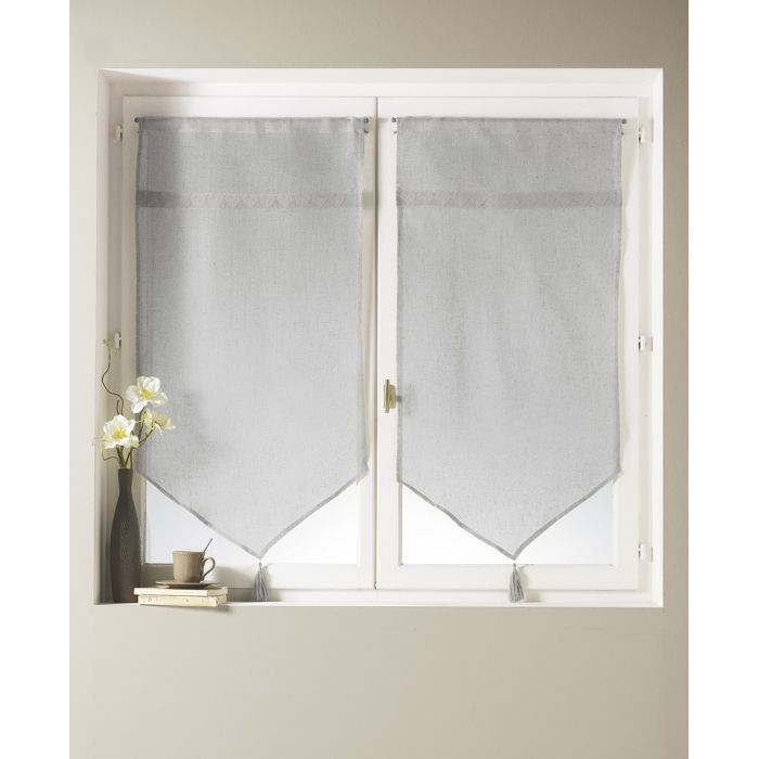 Par de cortinas transparentes com painel superior em macramê em formato de coração, cinza claro, 45x120 cm