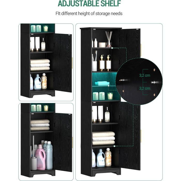 Mueble de baño con iluminación LED, dos puertas y estantes ajustables, ideal para baño, sala de estar o lavadero.