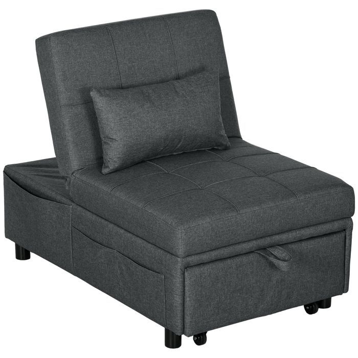 Sillón convertible de 1 plaza - HOMCOM - respaldo ajustable, asiento acolchado y almohada - para salón, dormitorio, despacho, gris