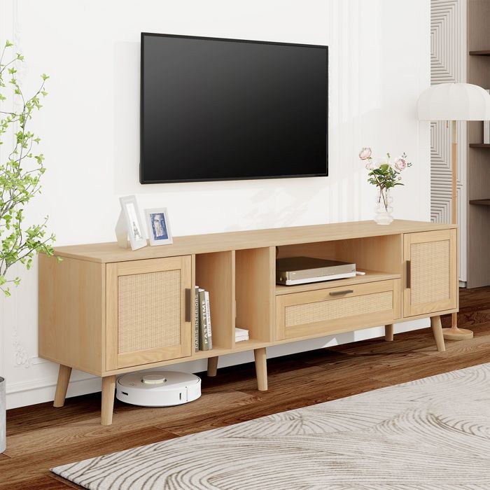 MODERNLUXE 180cm tv-meubel, rotan afwerking, 2 deuren en 1 lade, massief houten poten, naturel