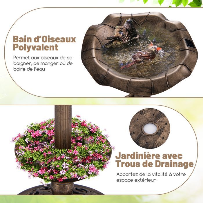 COSTWAY Mangeoire à Oiseaux sur Piédestal Extérieur, Lumières Solaires LED, Bol en Feuille de Lotus et Jardinière, Bronze antique
