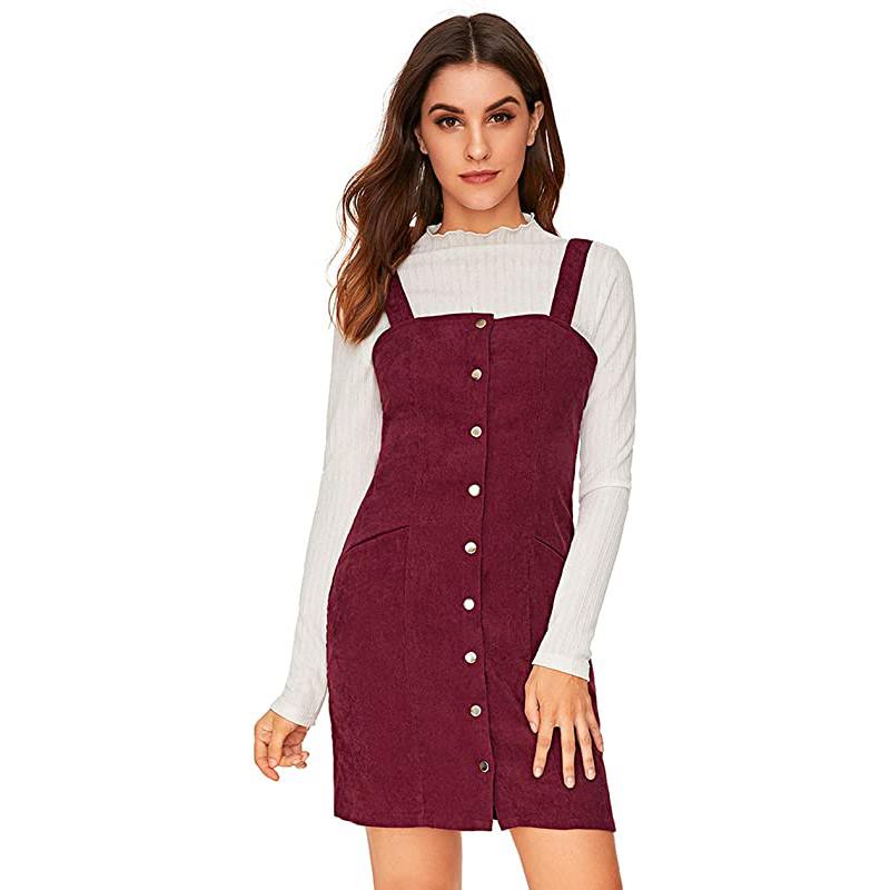 Robe salopette boutonnée en velours côtelé pour femme avec poches