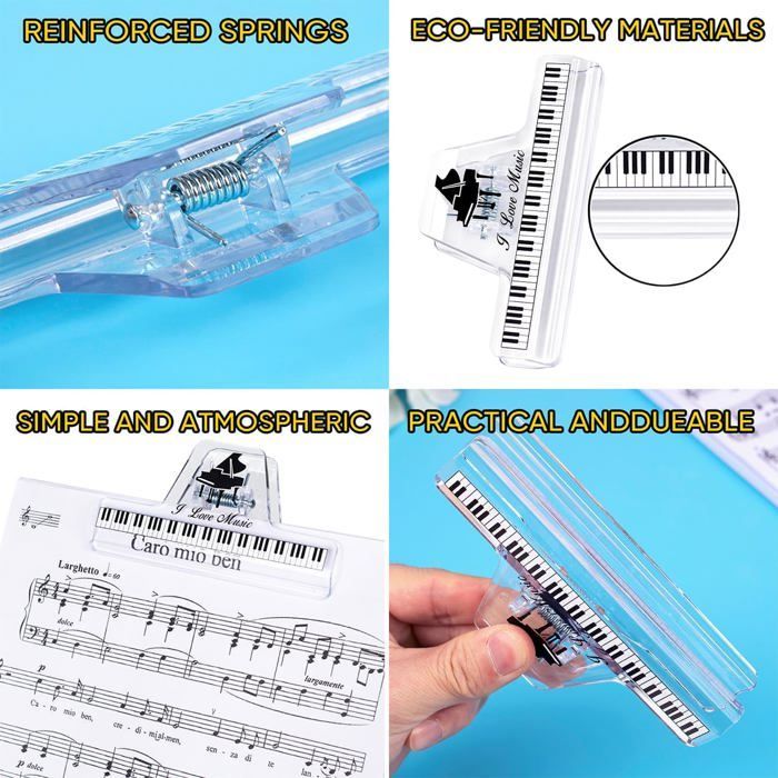 6 clips para partituras, de plástico resistente, con resorte metálico, con patrón de clave de sol, para piano, guitarra y violín, para estudio y concierto.
