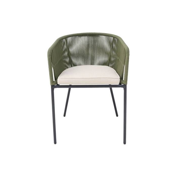 Set di 4 sedie da giardino in corda color kaki e acciaio zincato. Cuscini beige.