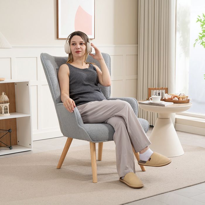 Fauteuil de salon - HOMCOM - pieds en bois, accoudoirs et dossier ergonomique - tissu bouclette - 71 x 74 x 96 cm - gris clair