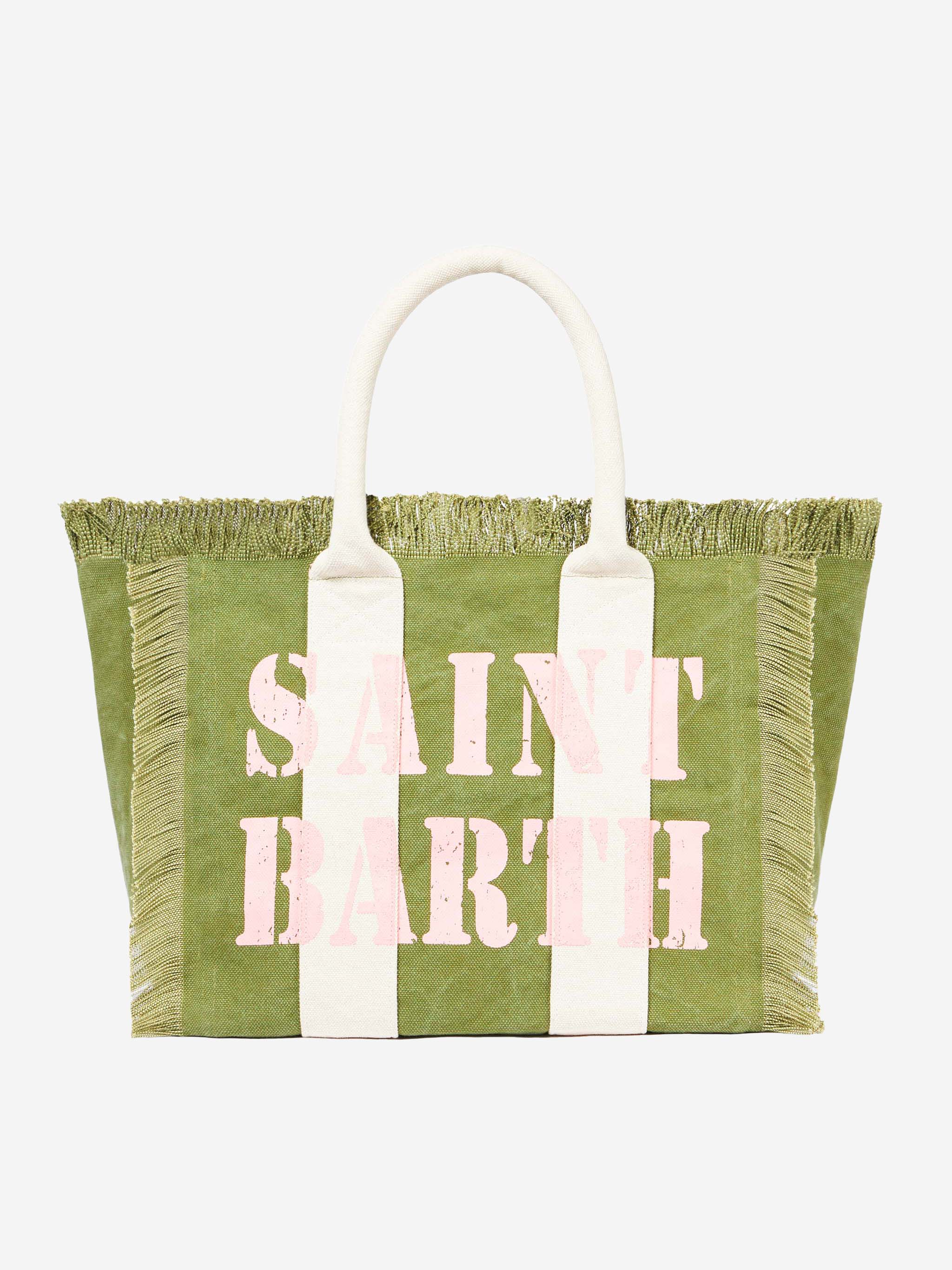 Vanity katoenen canvas schoudertas in militair groen met gebroken witte handvatten, binnenvak met ritssluiting | MC2 Saint Barth