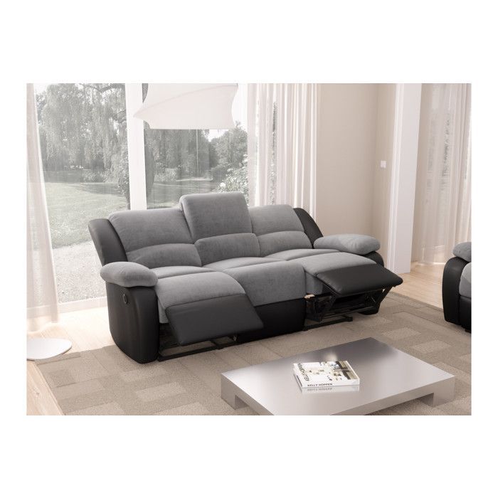 Sofá reclinable eléctrico LEO de 3 plazas en microfibra y piel sintética - Negro y gris - 193 x 93 x 96 cm - LOUNGITUDE