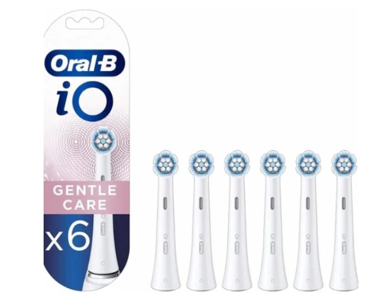 Recharges Oral-B Power Io Gentle White, 6 pièces, idéales pour les dents et les gencives sensibles.