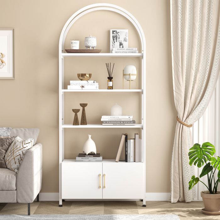Bibliothèque contemporaine en bois blanc - Étagère de 4 niveaux - avec Portes - Meuble de rangement
