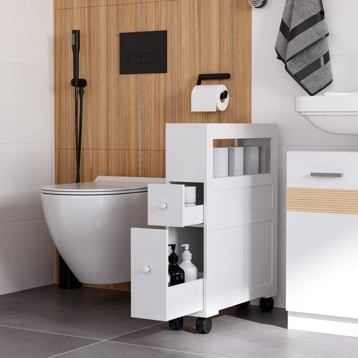 Bathroom storage unit - HOMCOM - on casters - with open shelf and 2 drawers - 16 x 52 x 71.5 cm - white
