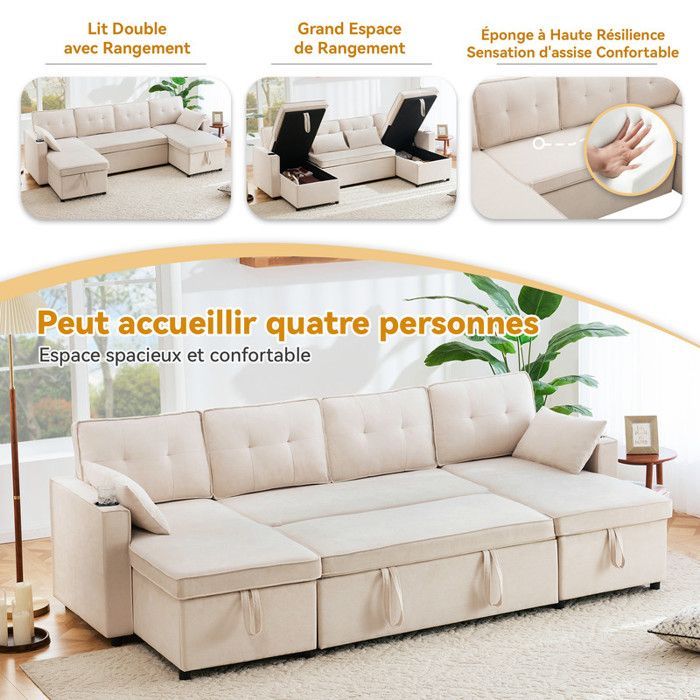 Großes U-förmiges Familiensofa, ausziehbares Schlafsofa, integrierter Stauraum und Getränkehalter – ideal für Wohnzimmer und Lounge