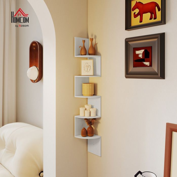 Étagère d'angle murale - HOMCOM - rangement forme zigzag 5 niveaux gain de place - bois - 20x20x126cm - blanc