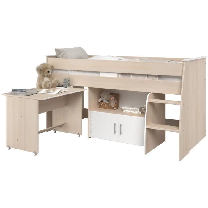 Cama infantil combinada Parisot ZOLA de 90x200 cm - 2 puertas - Con escritorio - Acabado en madera de acacia clara y blanco