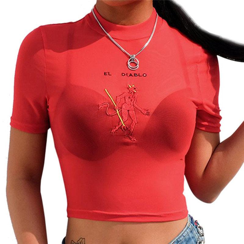 T-shirt sexy d'été, haut uni, t-shirt femme, haut en maille transparente, manches courtes, col roulé fin et transparent