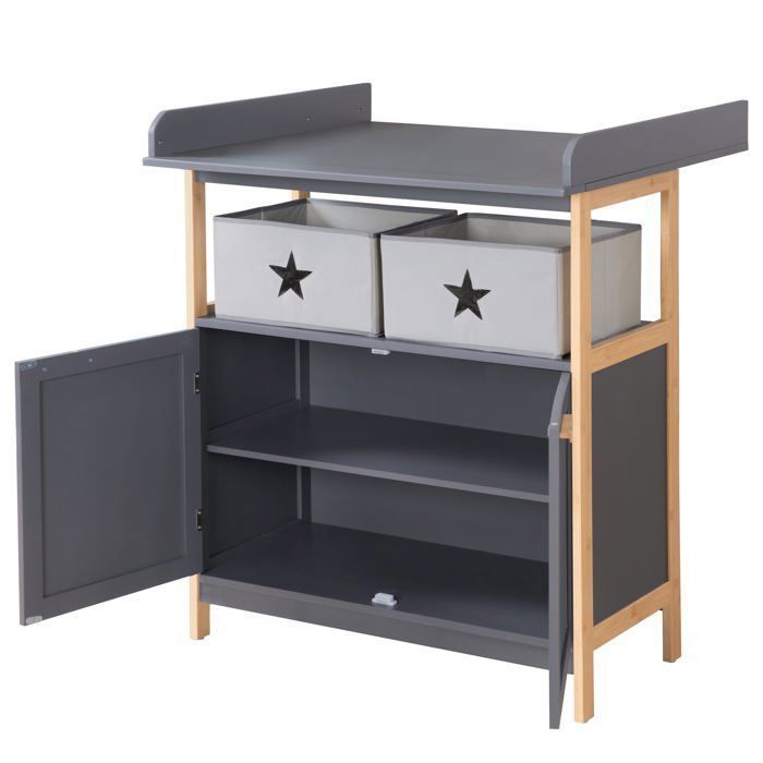 Commode à Langer ROBA - Berlin - 2 Portes + 2 Boîtes de Rangement en Tissu - Meuble à Langer Évolutif - Anthracite - Bambou