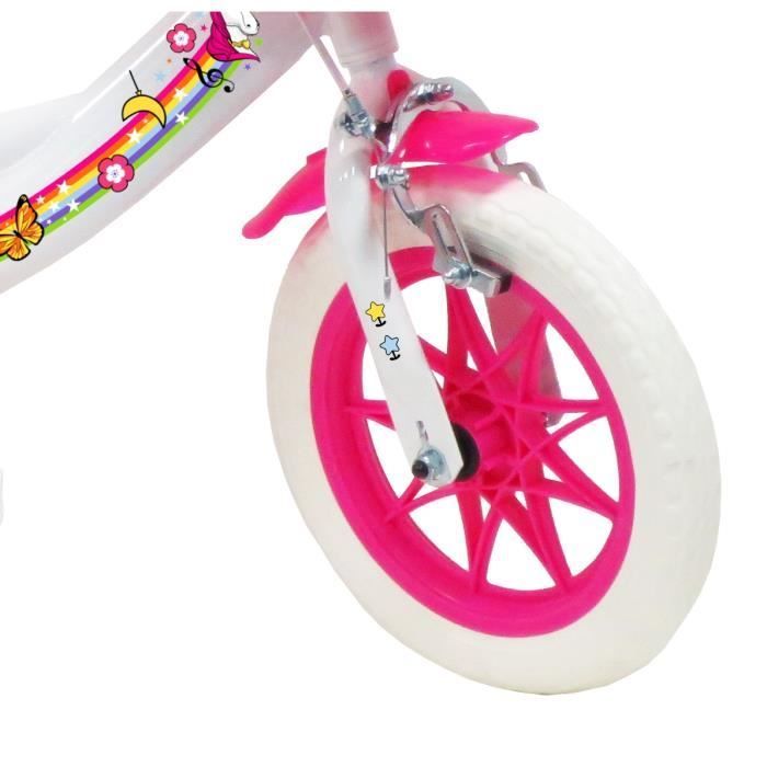 Vélo enfant Fille 12'' LICORNE/UNICORN - Blanc & Rose - 1 Frein - Panier avant et porte poupée