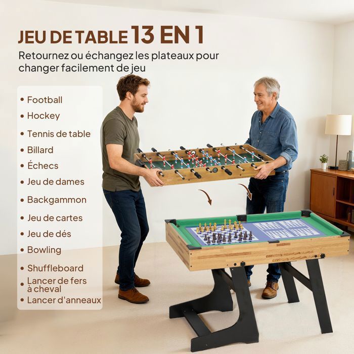 Table Multi-Jeux 13 en 1 Pliable, table de jeu baby-foot, billard, pour enfants et adultes 120 x 106 x 82 cm noyer clair