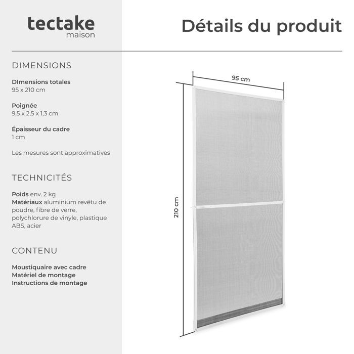 Moustiquaire - TECTAKE - Filet anti-insectes en aluminium ajustable, résistant aux intempéries et perméable - 95 x 210 cm