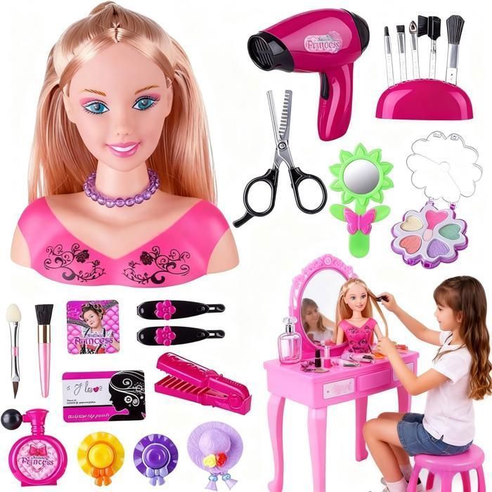 Cabezal para peinar y maquillar, set de belleza y moda para peluquería con secador de pelo, 35 piezas de juguetes de peluquería y maquillaje.