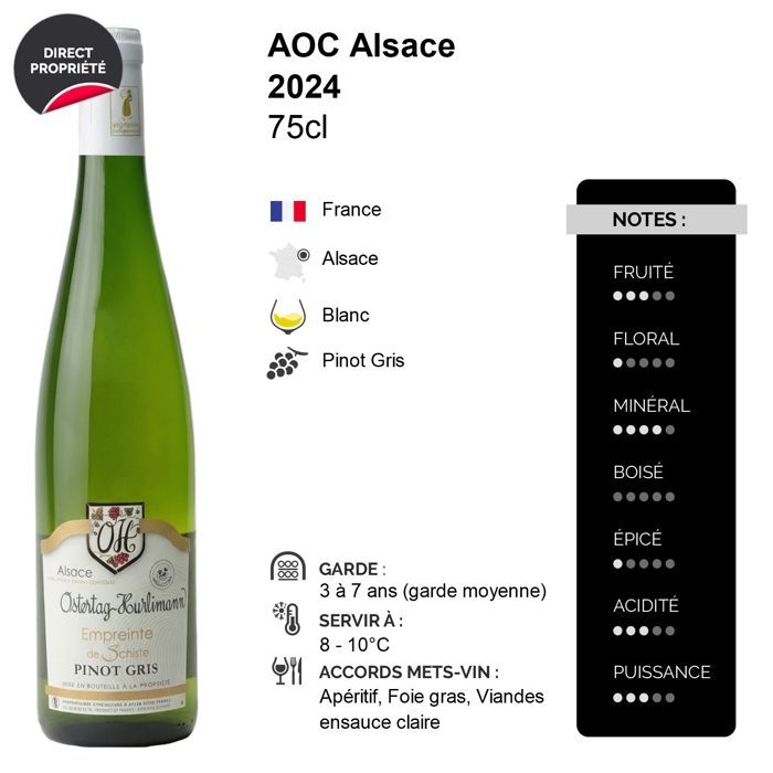 Domaine OSTERTAG-HURLIMANN Alsacia Pinot Gris Empreinte de Schiste 2024 - Vino Blanco de Alsacia (6x75cl) HVE