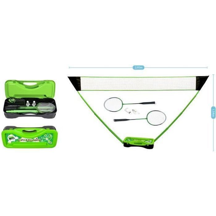 Complete badminton set with net (295 x 38 x 154 cm), rackets, shuttlecocks and storage case
