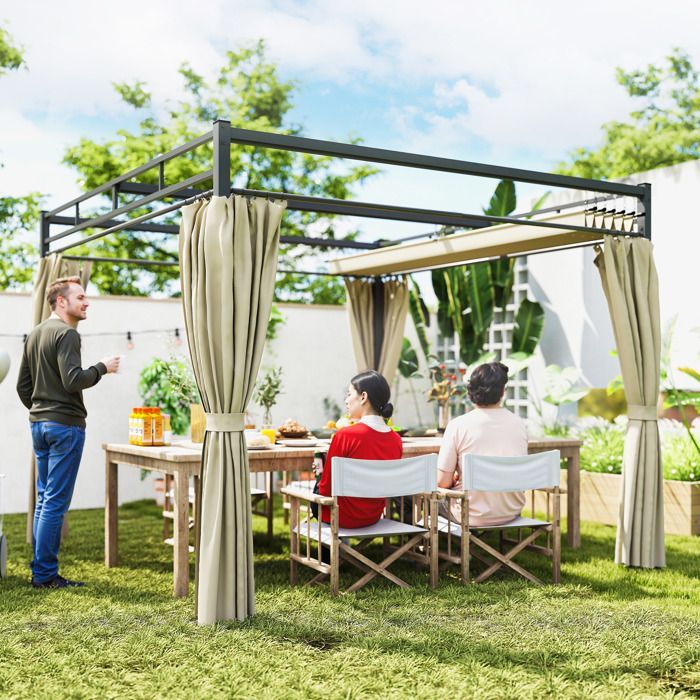 Garden pergola - outdoor garden gazebo - Outsunny - retractable roof, 4 curtains, UV30+ protection - steel - 3x3m - beige