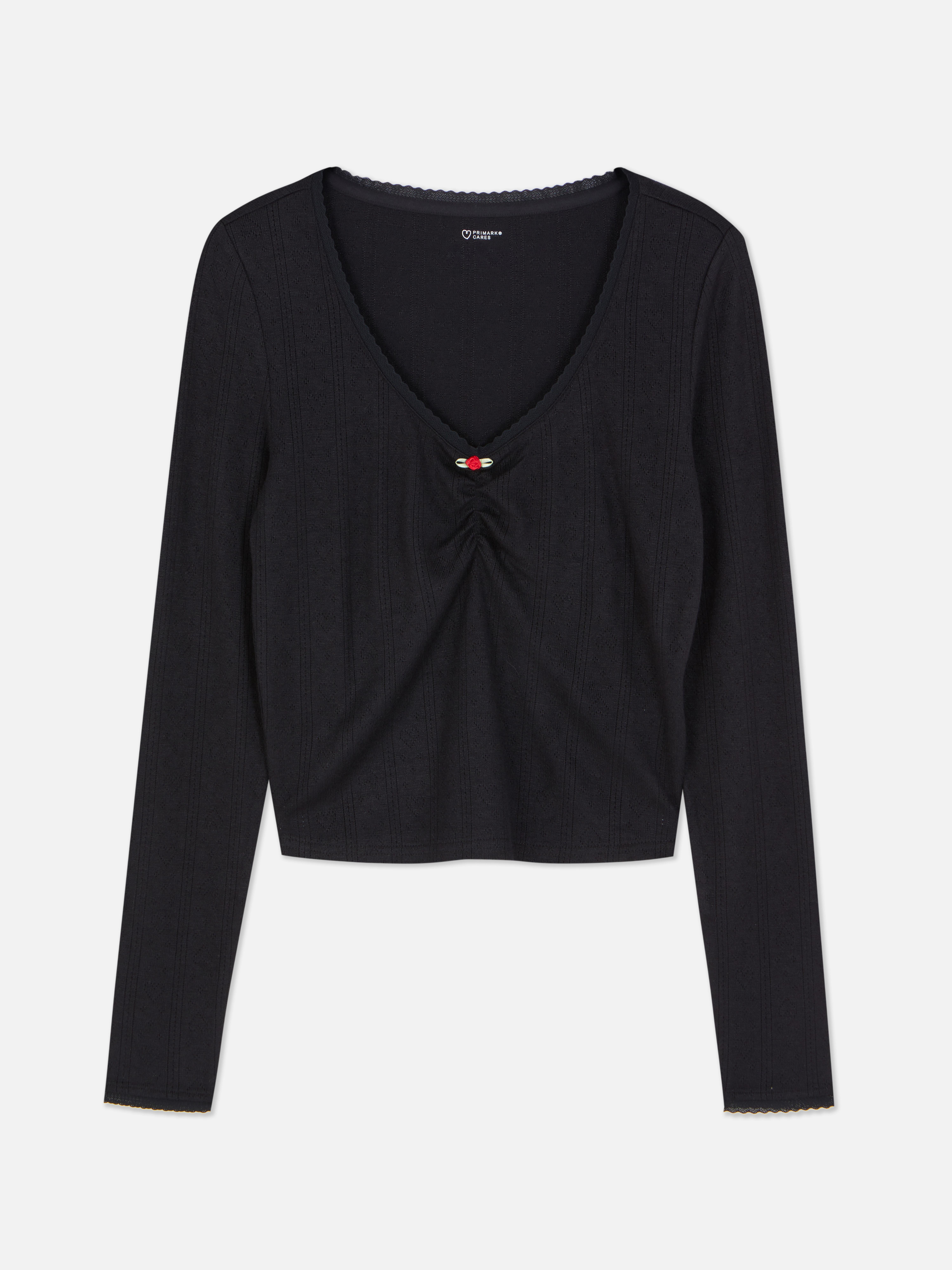 Top de pijama cu broderie și trandafir mic Top de pijama cu broderie, mâneci lungi, decolteu în V și pliseuri în față