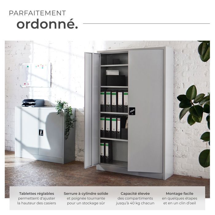 Office storage - TECTAKE - Metal filing cabinet with 3 adjustable shelves - 90 cm x 40 cm x 140 cm - Grey
