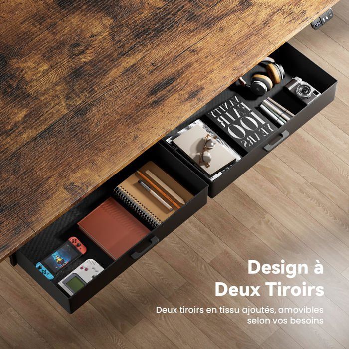 HLONONE Elektrisch zit- en sta-bureau, 200 x 80 cm, met geïntegreerd stopcontact, 2 uitneembare lades, USB-C-poort, bruin