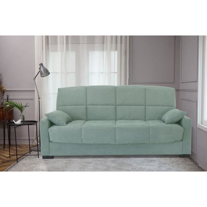 Divano letto a 3 posti MEGAN 14 - Tessuto Soro verde mandorla - Con braccioli - Superficie letto 130x190 cm - L223 x P96 x H103 cm
