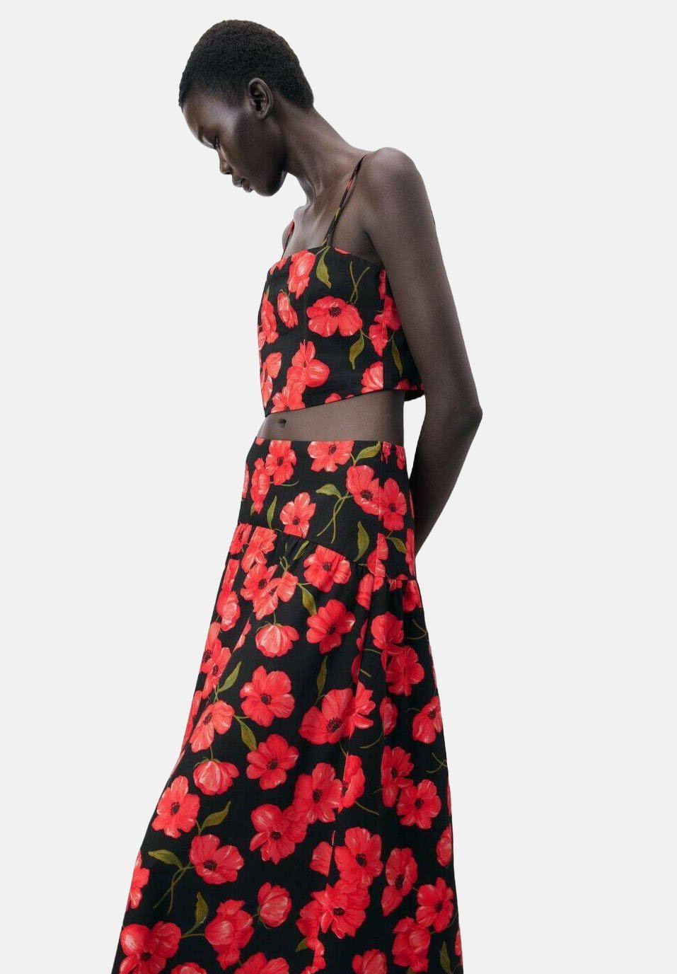 Mango rok met bloemenprint en uitlopende pijpen - A-lijn rok - zwart