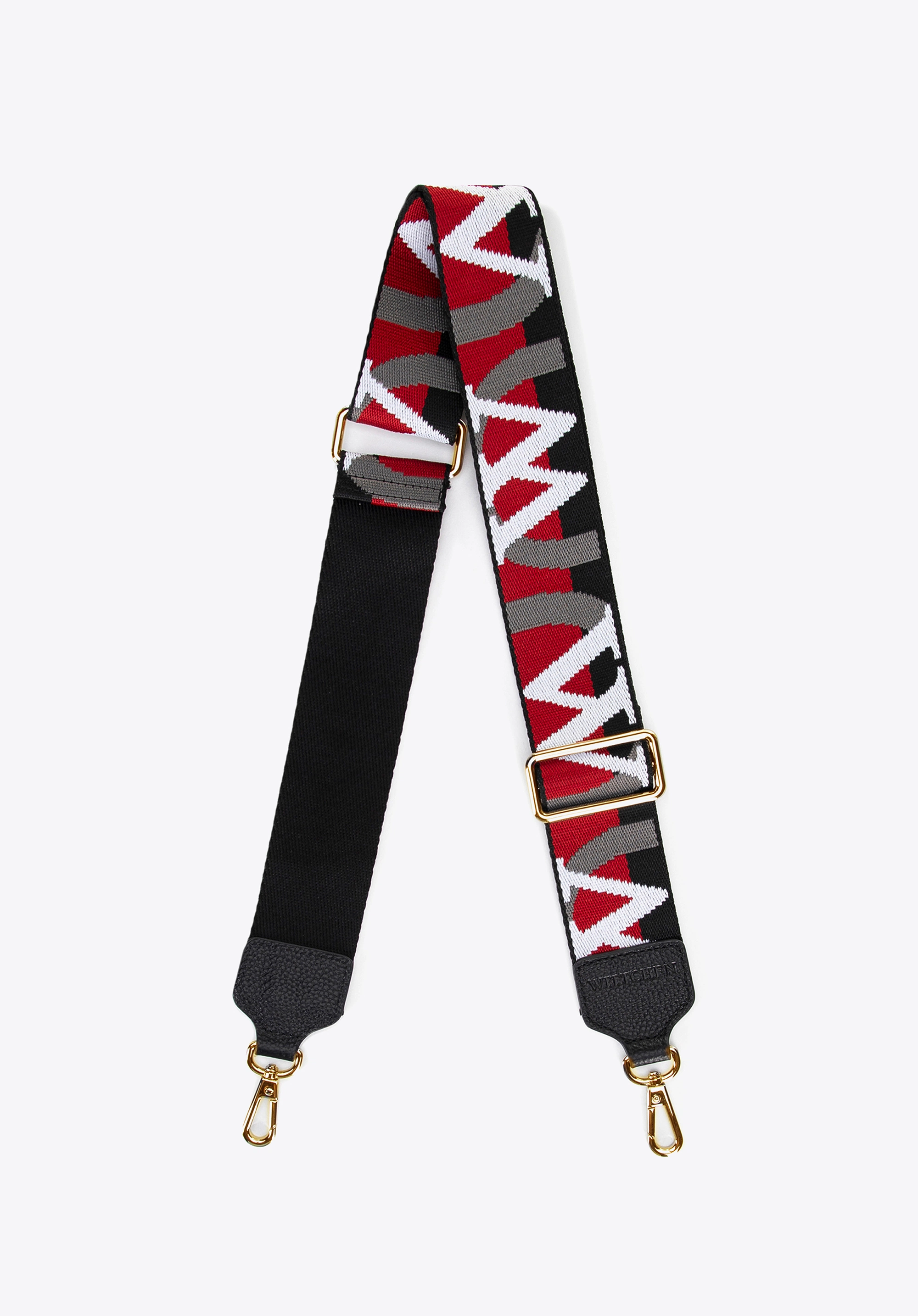 Pasek do torebki z wyszywanym logo producenta czarno - czerwony