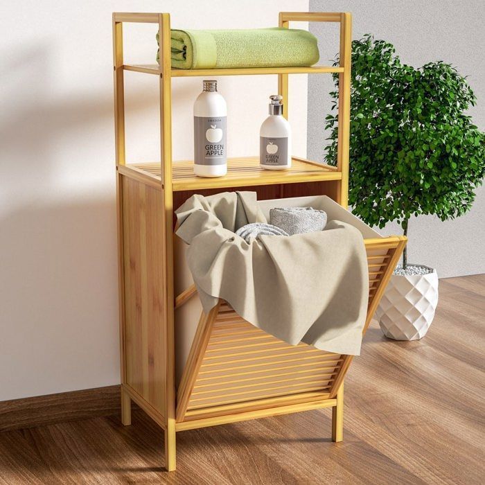 CASARIA® Mobile bagno 2 in 1 con cesto portabiancheria integrato e cestino per rifiuti in bambù removibile da 36 litri, 90 x 40 x 35 cm