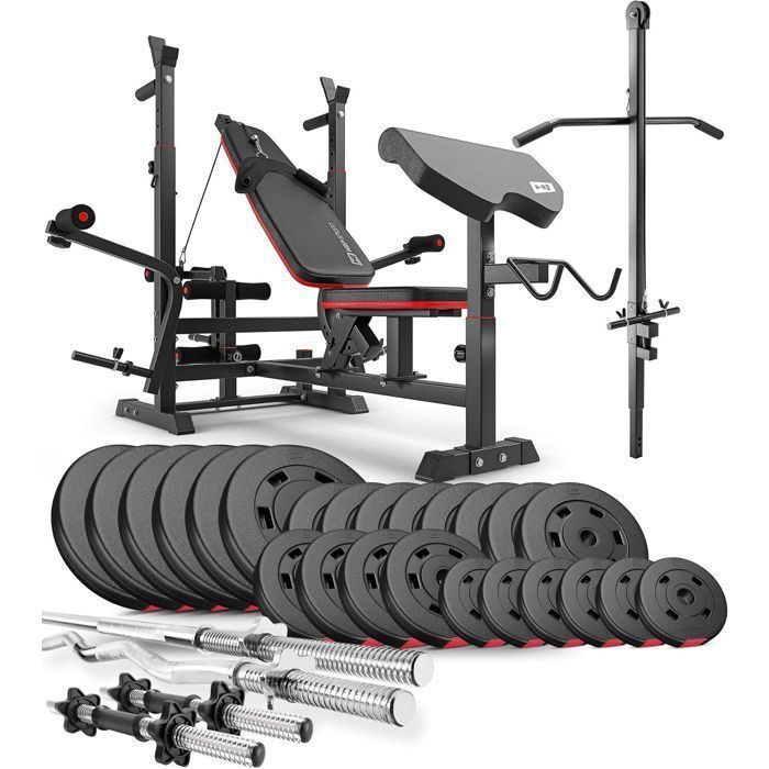 Hop-Sport halterset van 135 kg, HS-1075 halterbank met hoge katrol, 31 mm gewichtsschijvenset en halterstangen.