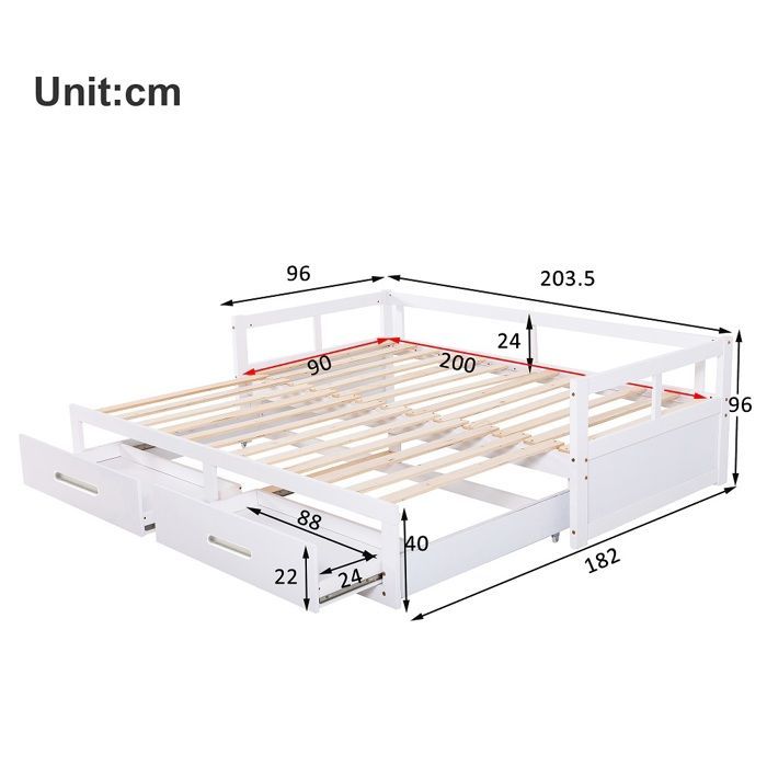 Lit adulte Canapé-lit convertible 90/180x200 cm avec tiroirs et sommiers à lattes blanc