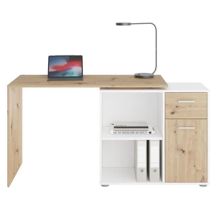 Bureau d'angle avec rangements Albrecht - Mélaminé chêne et blanc - L83 x H74 x P117 cm