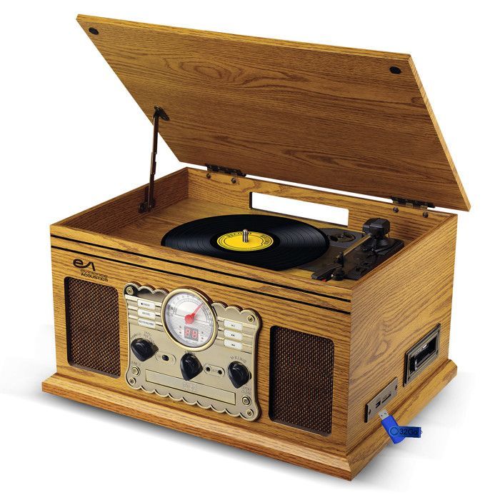 Chaîne Hifi Tourne-Disque EA-PL300-WOOD Vinyle 33/45/78, 60W, FM, CD, Cassette, BT USB SD REC, rétro Vintage+Clé USB 32G