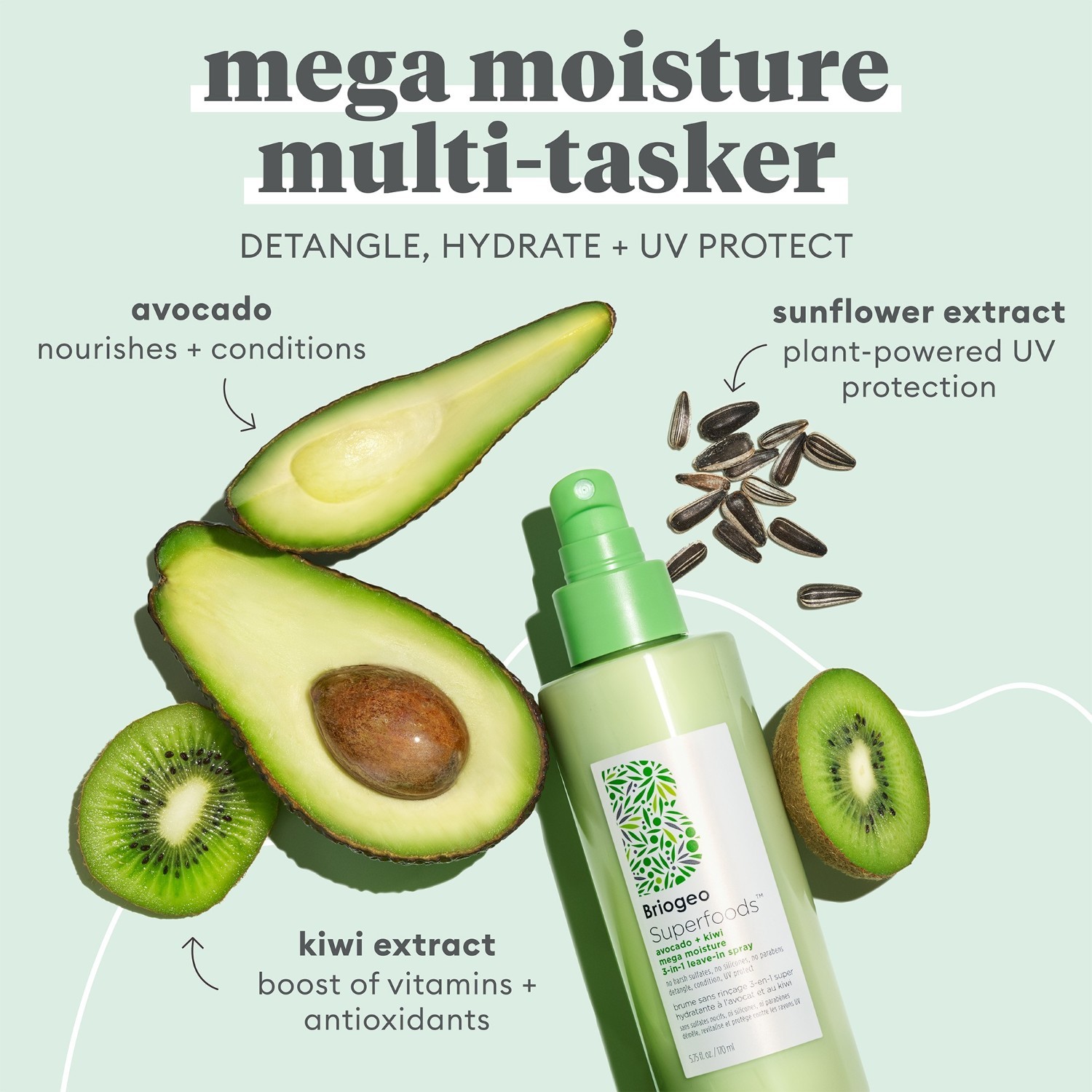 Briogeo regenerator bez ispiranja Superfoods™ Avokado + Kiwi Mega Moisture 3-u-1 sprej bez ispiranja - 170 ml