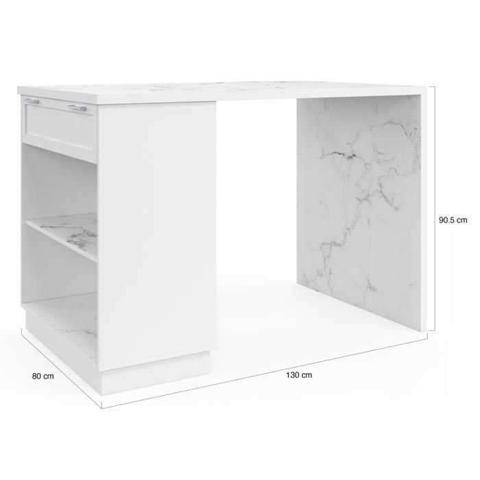 Isla de cocina alta IDMARKET VITO de 130 cm, color blanco, para 4 personas, con encimera de mármol ALASKA.